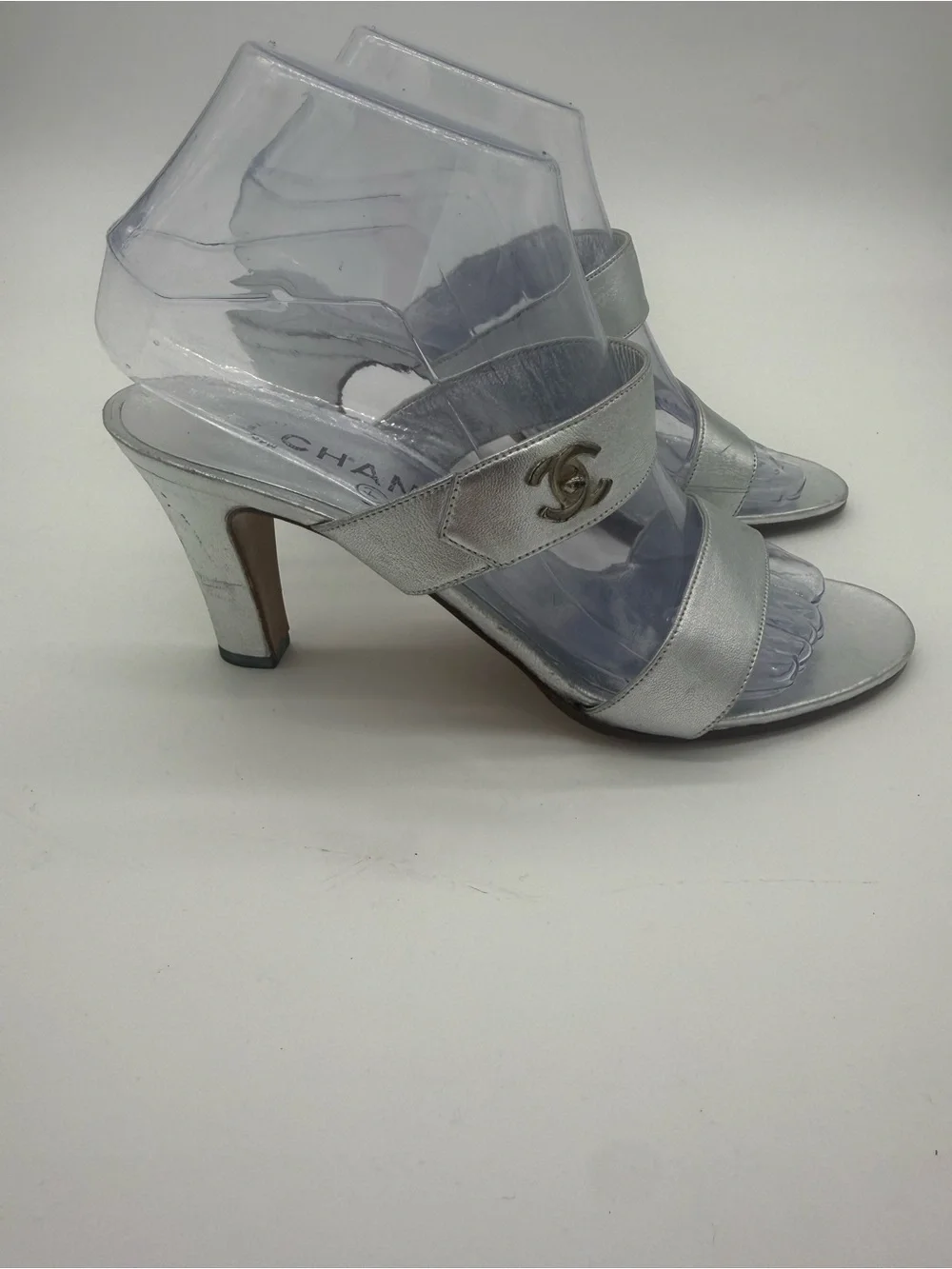 CHANEL Silver Metallic CC Turnlock Mules Heels 38